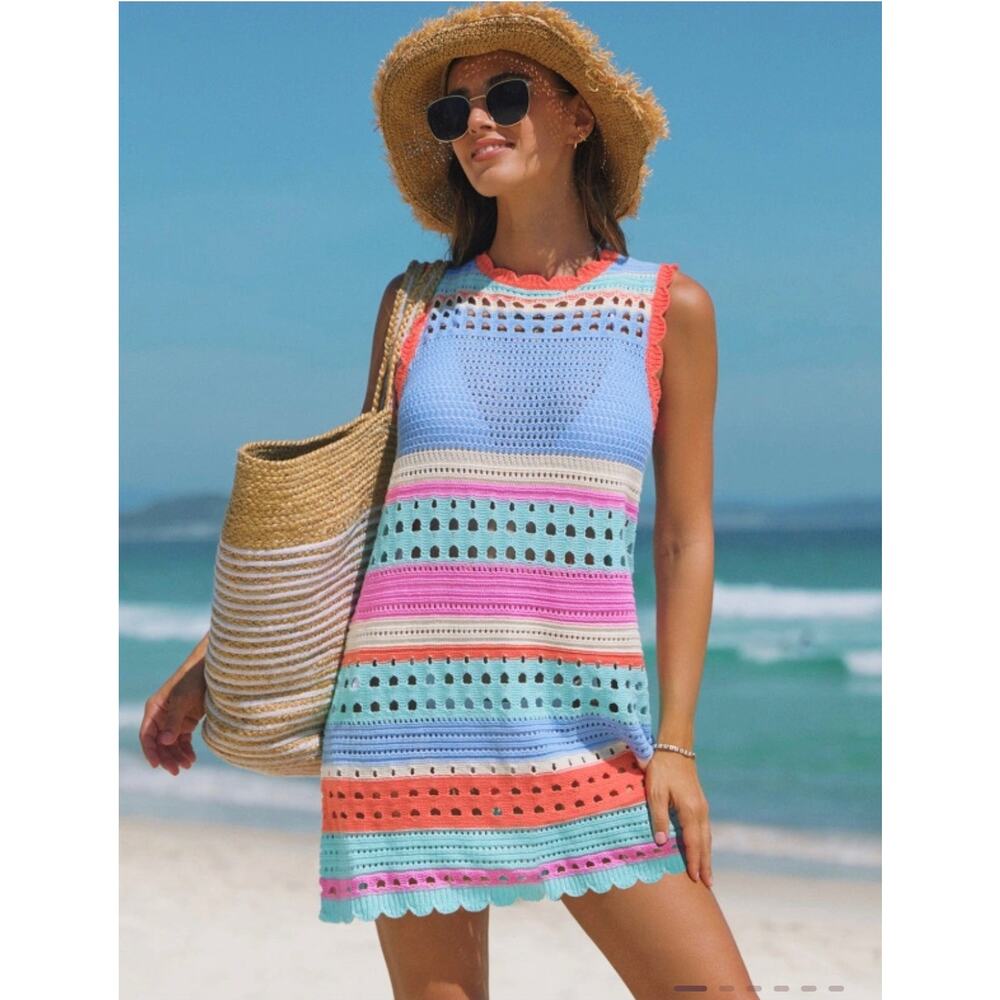 NWT Popvil Colorful Striped Crochet Cover-Up Dress Open-Back XXL Colorblock